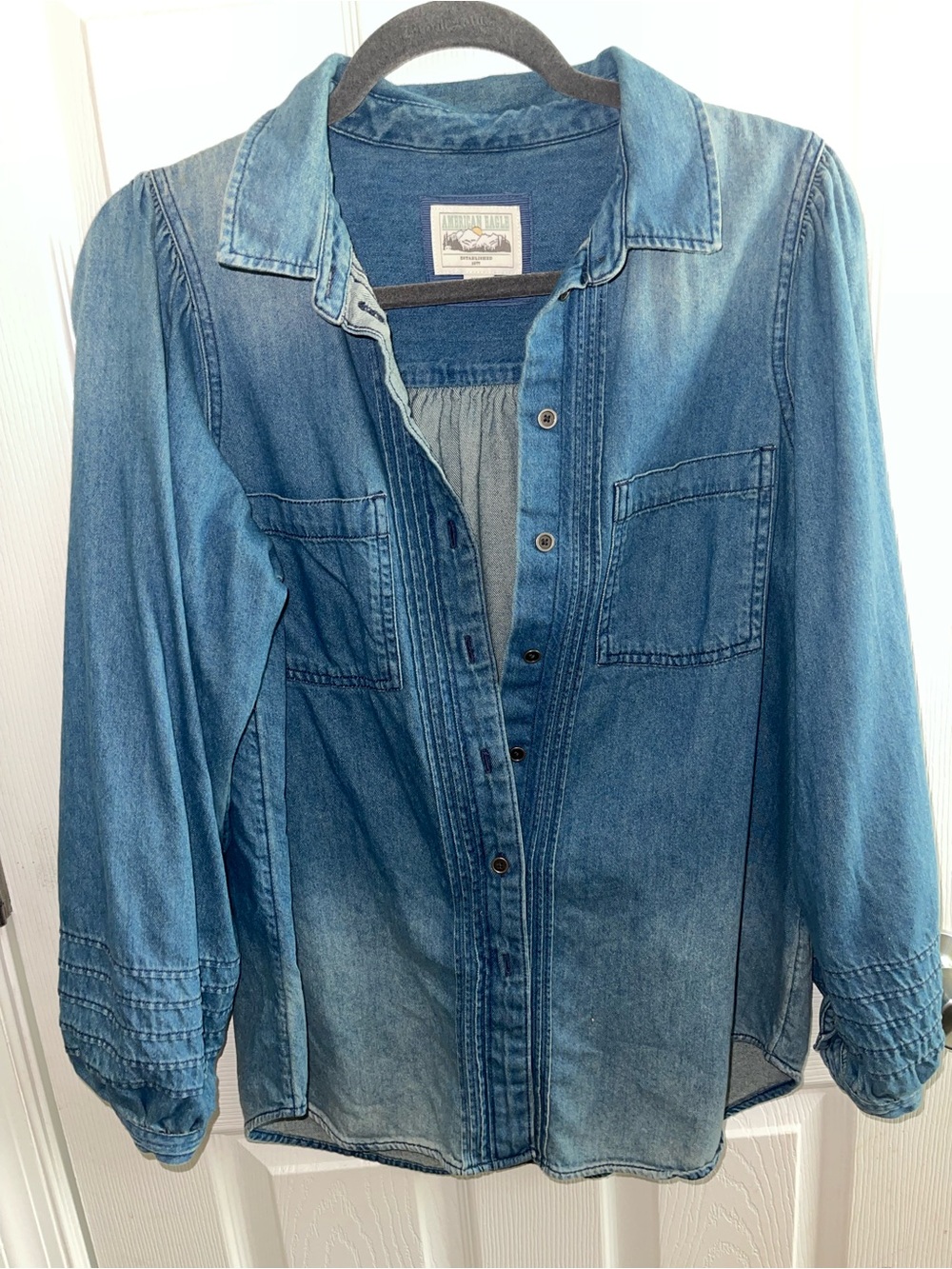 American Eagle Outfitters Washed Blue Denim Button-Down Shirt